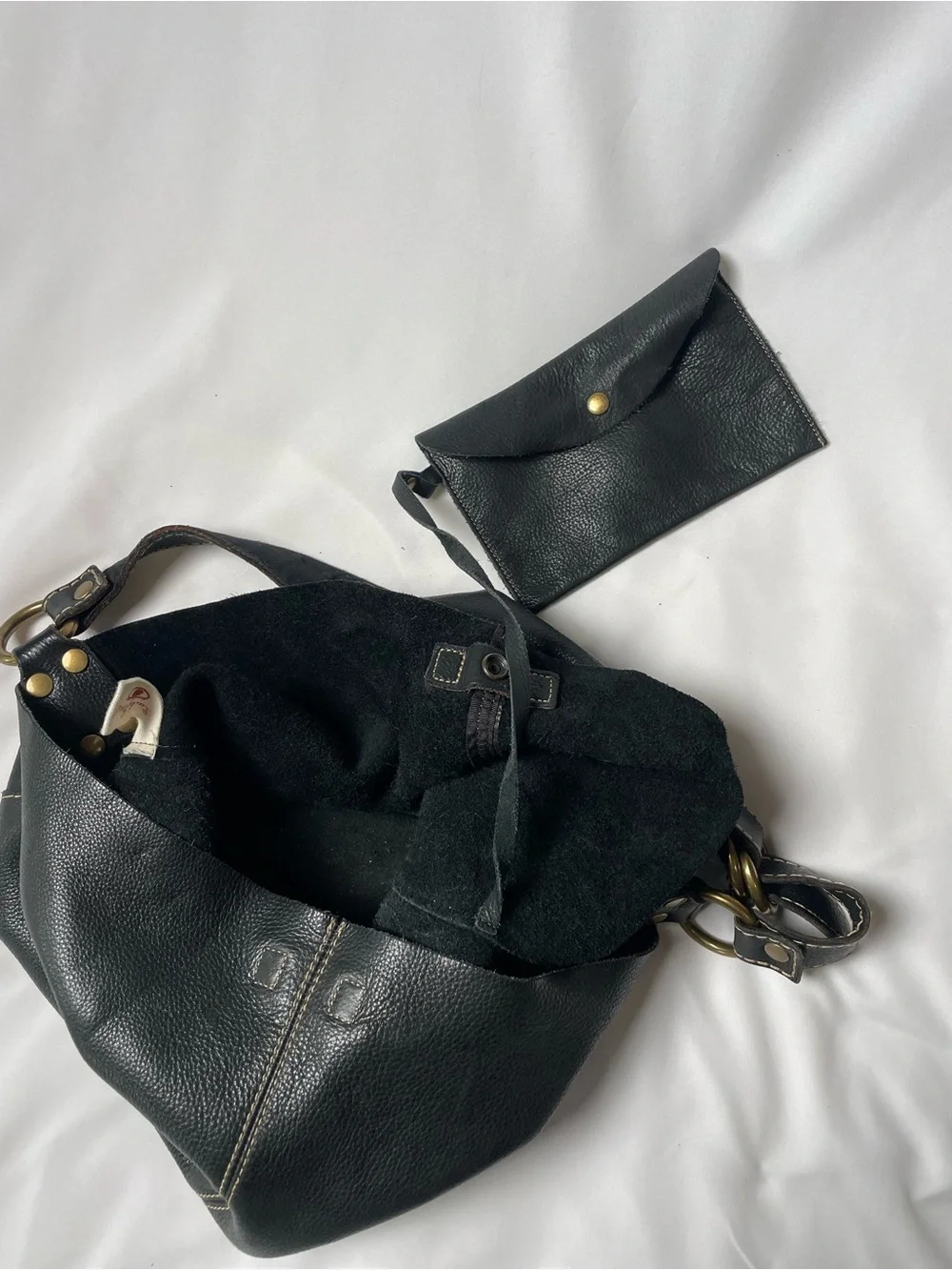 Bag Lucky Brand Black Pebbled Leather Hobo Bag Brass Hardware Boho Chic